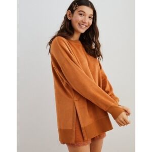 Aerie Oversized Pullover Sweatshirt Camel Brown Textured Fleece Crewneck Size L